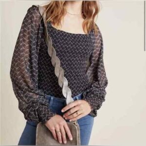 NWT Anthropologie Rouen Smocked Top, Black/White Women's Size Large